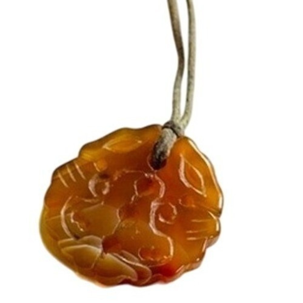 Red Orange Jade Necklace Carved Chinese Natural stone Sterling VTG 16" Authentic